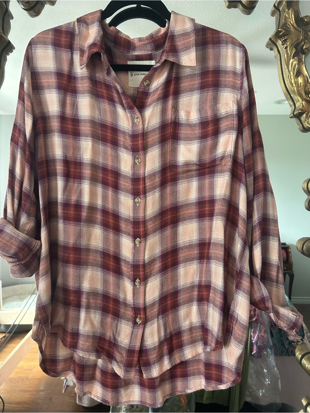 Lucky Brand Plaid Button-Up Shirt in Burgundy and Cream Sz Large